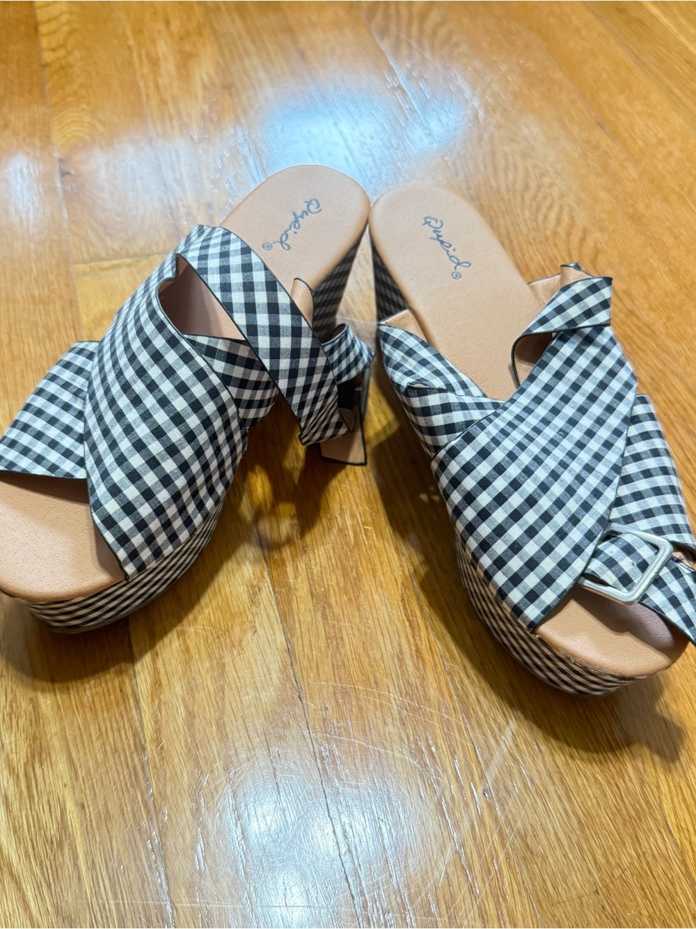 Gingham black white platform wedge heels with buckle strap sandals (size 6)